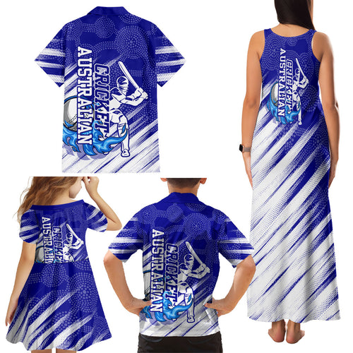 Cricket Australian Family Matching Tank Maxi Dress and Hawaiian Shirt Blue Fire Ball Graphic With Aboriginal Dot Art Style
