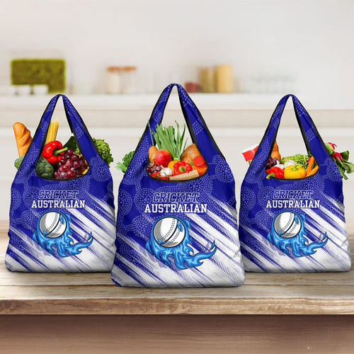 Cricket Australian Grocery Bag Blue Fire Ball Graphic With Aboriginal Dot Art Style