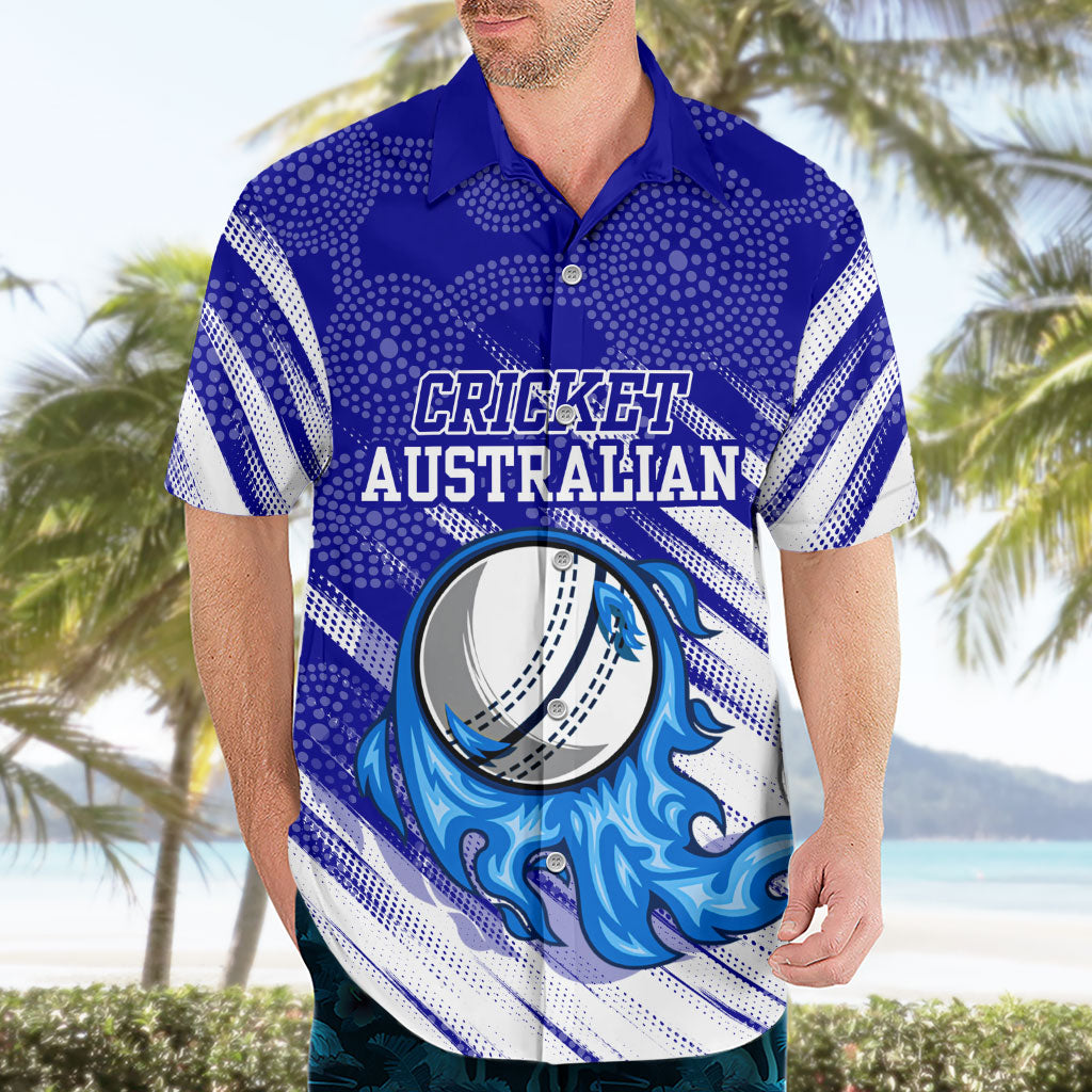 Cricket Australian Hawaiian Shirt Blue Fire Ball Graphic With Aboriginal Dot Art Style