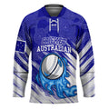 Cricket Australian Hockey Jersey Blue Fire Ball Graphic With Aboriginal Dot Art Style