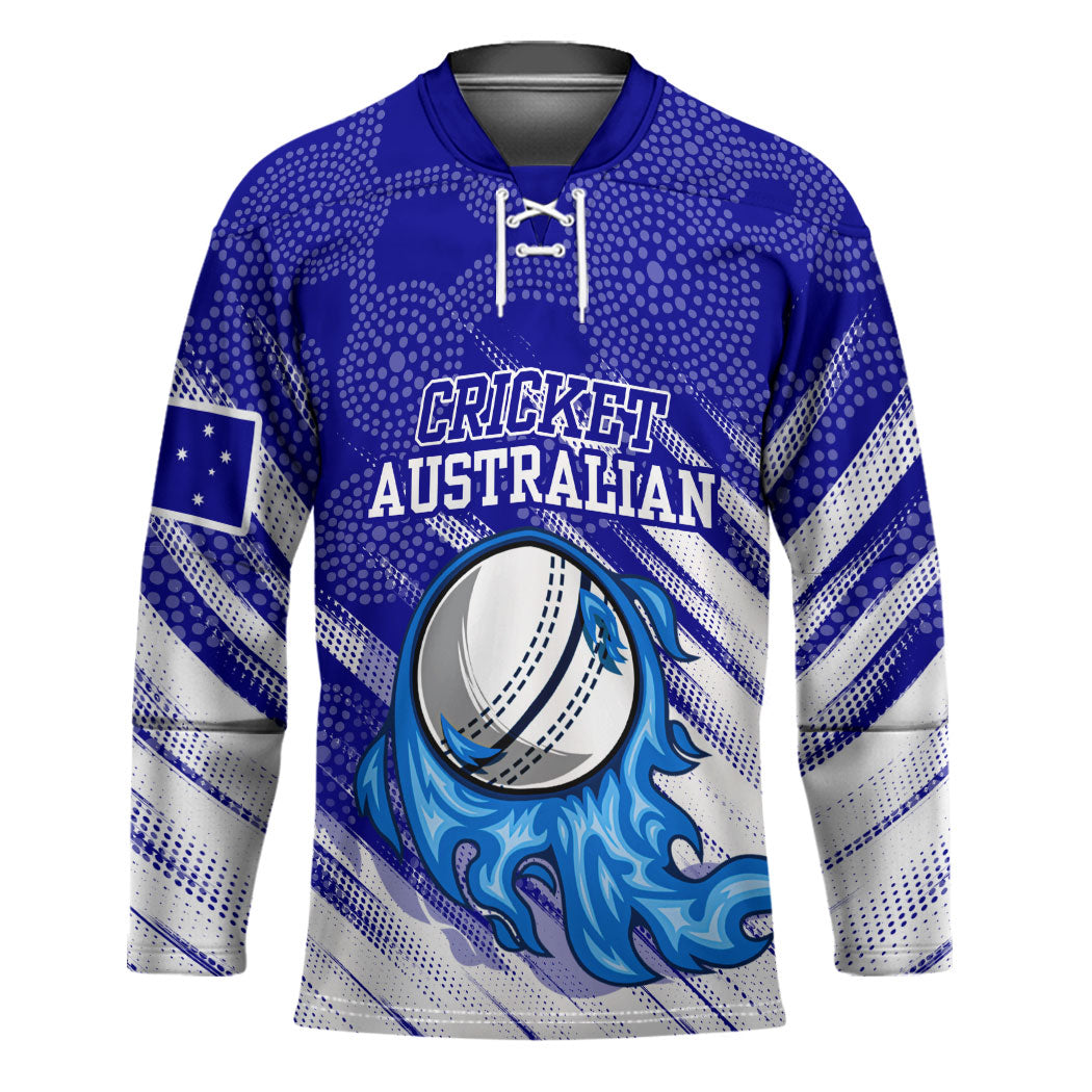 Cricket Australian Hockey Jersey Blue Fire Ball Graphic With Aboriginal Dot Art Style