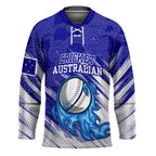 Cricket Australian Hockey Jersey Blue Fire Ball Graphic With Aboriginal Dot Art Style
