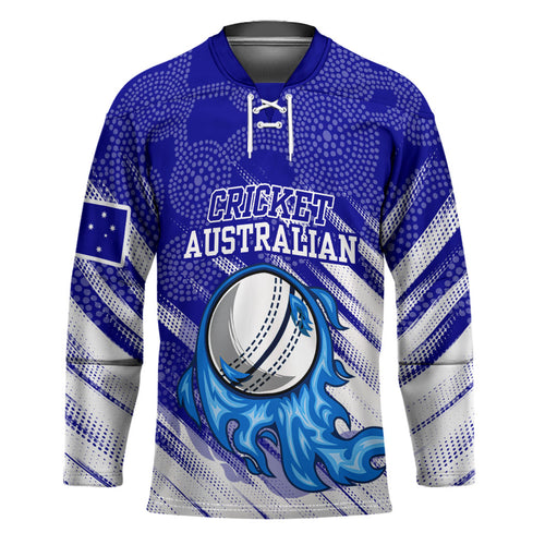 Cricket Australian Hockey Jersey Blue Fire Ball Graphic With Aboriginal Dot Art Style