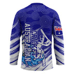 Cricket Australian Hockey Jersey Blue Fire Ball Graphic With Aboriginal Dot Art Style