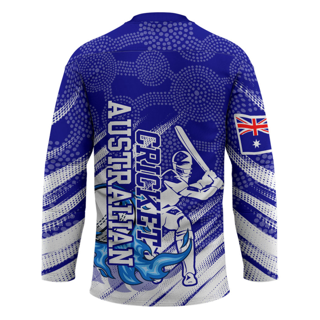 Cricket Australian Hockey Jersey Blue Fire Ball Graphic With Aboriginal Dot Art Style