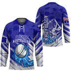 Cricket Australian Hockey Jersey Blue Fire Ball Graphic With Aboriginal Dot Art Style