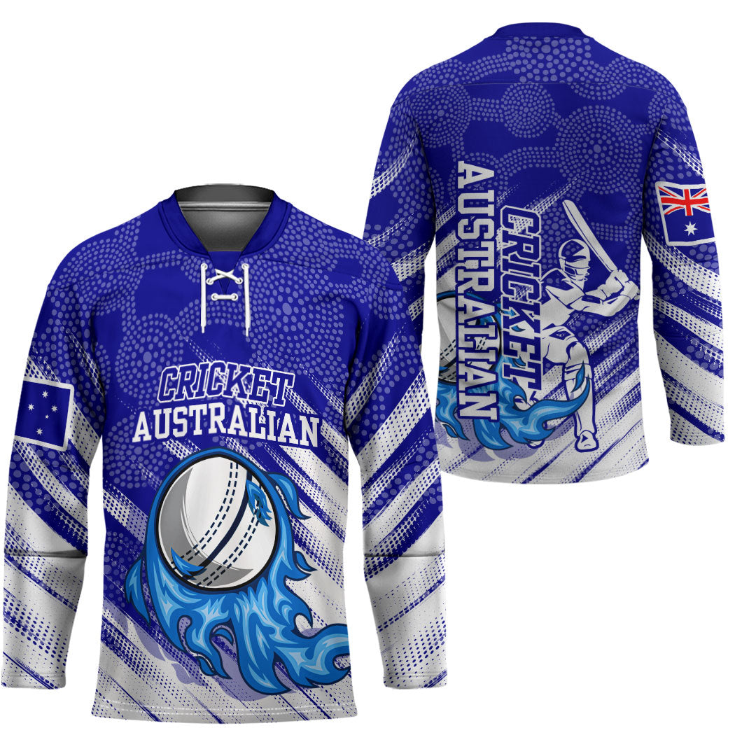 Cricket Australian Hockey Jersey Blue Fire Ball Graphic With Aboriginal Dot Art Style