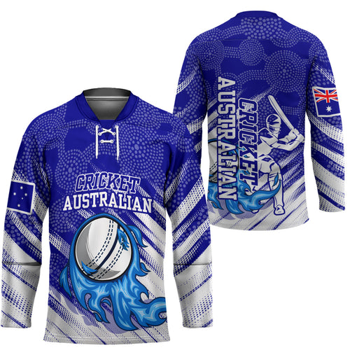 Cricket Australian Hockey Jersey Blue Fire Ball Graphic With Aboriginal Dot Art Style