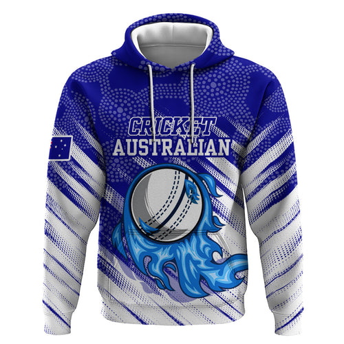 Cricket Australian Hoodie Blue Fire Ball Graphic With Aboriginal Dot Art Style