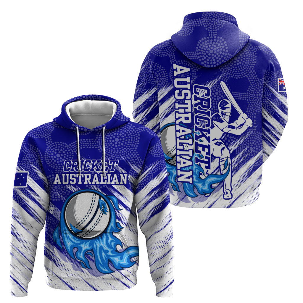 Cricket Australian Hoodie Blue Fire Ball Graphic With Aboriginal Dot Art Style