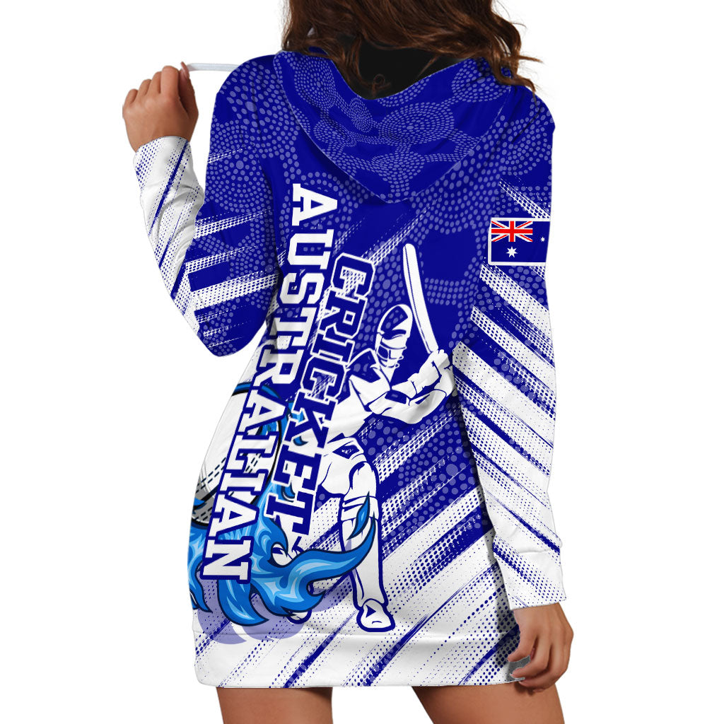 Cricket Australian Hoodie Dress Blue Fire Ball Graphic With Aboriginal Dot Art Style