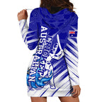 Cricket Australian Hoodie Dress Blue Fire Ball Graphic With Aboriginal Dot Art Style
