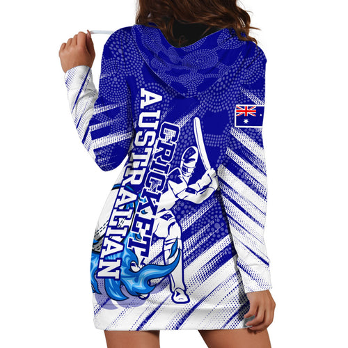 Cricket Australian Hoodie Dress Blue Fire Ball Graphic With Aboriginal Dot Art Style