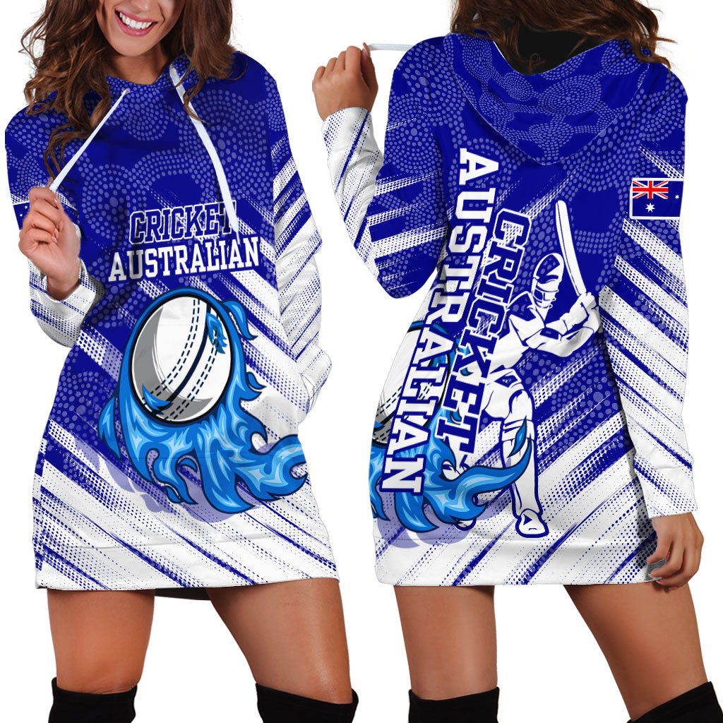 Cricket Australian Hoodie Dress Blue Fire Ball Graphic With Aboriginal Dot Art Style