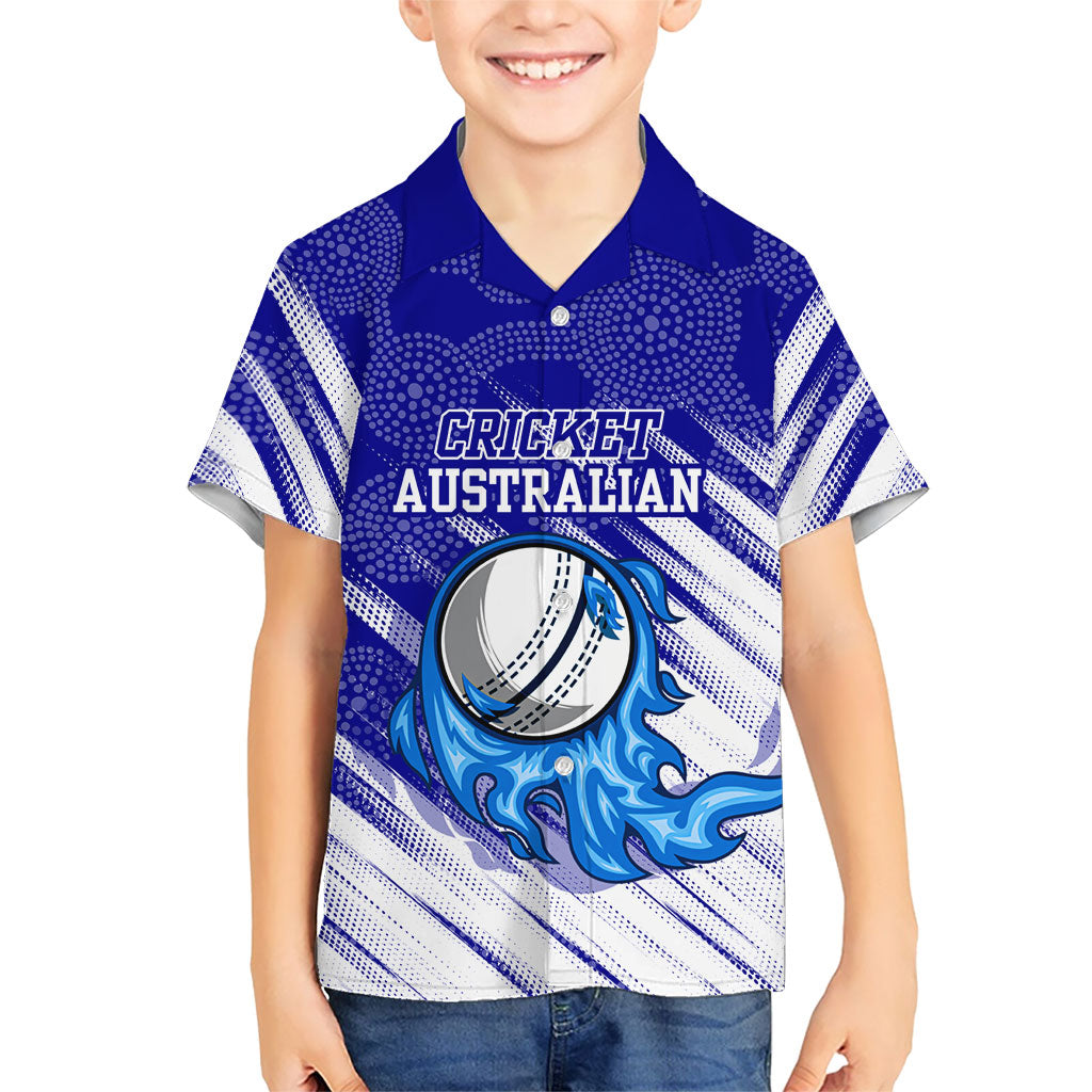 Cricket Australian Kid Hawaiian Shirt Blue Fire Ball Graphic With Aboriginal Dot Art Style