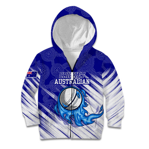 Cricket Australian Kid Hoodie Blue Fire Ball Graphic With Aboriginal Dot Art Style