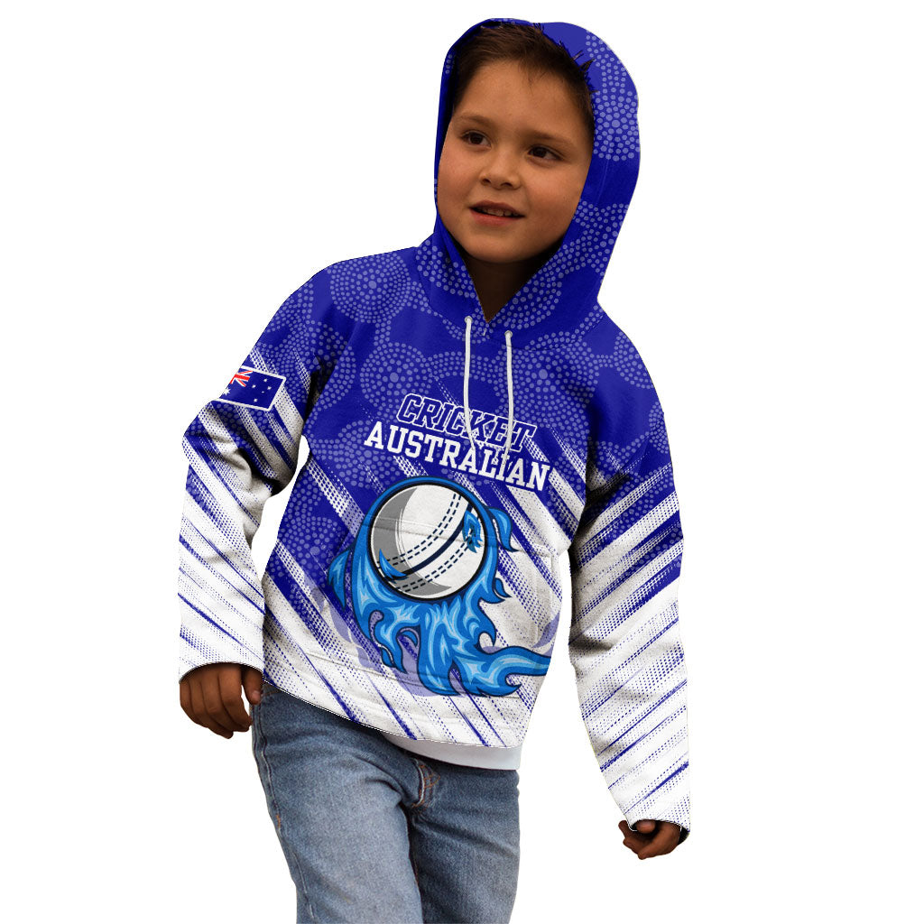 Cricket Australian Kid Hoodie Blue Fire Ball Graphic With Aboriginal Dot Art Style
