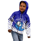 Cricket Australian Kid Hoodie Blue Fire Ball Graphic With Aboriginal Dot Art Style