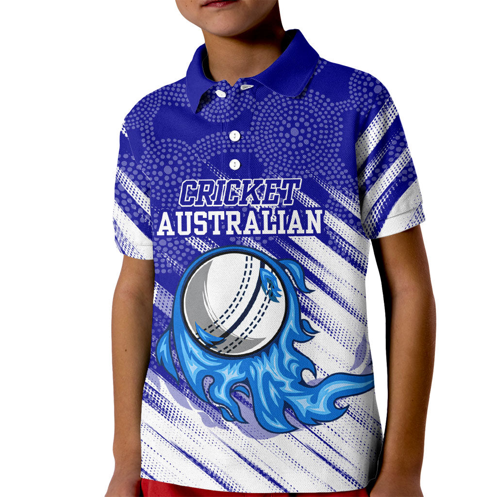 Cricket Australian Kid Polo Shirt Blue Fire Ball Graphic With Aboriginal Dot Art Style