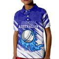 Cricket Australian Kid Polo Shirt Blue Fire Ball Graphic With Aboriginal Dot Art Style
