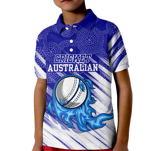 Cricket Australian Kid Polo Shirt Blue Fire Ball Graphic With Aboriginal Dot Art Style