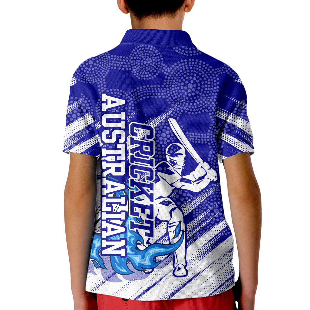 Cricket Australian Kid Polo Shirt Blue Fire Ball Graphic With Aboriginal Dot Art Style