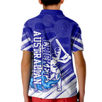 Cricket Australian Kid Polo Shirt Blue Fire Ball Graphic With Aboriginal Dot Art Style