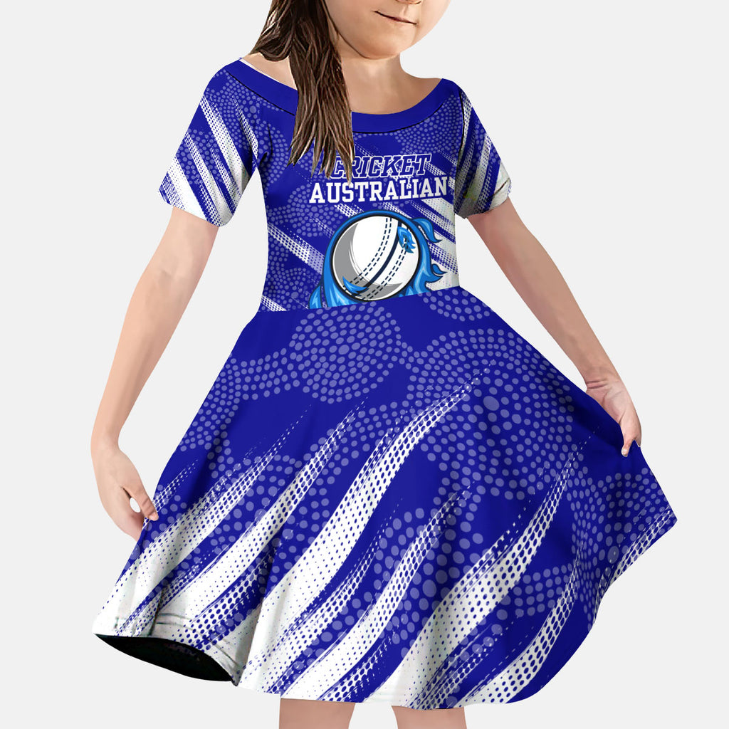 Cricket Australian Kid Short Sleeve Dress Blue Fire Ball Graphic With Aboriginal Dot Art Style