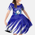 Cricket Australian Kid Short Sleeve Dress Blue Fire Ball Graphic With Aboriginal Dot Art Style