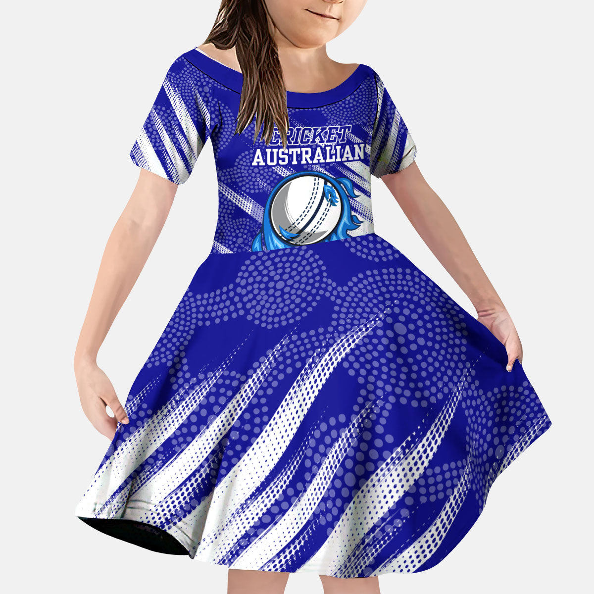 Cricket Australian Kid Short Sleeve Dress Blue Fire Ball Graphic With Aboriginal Dot Art Style