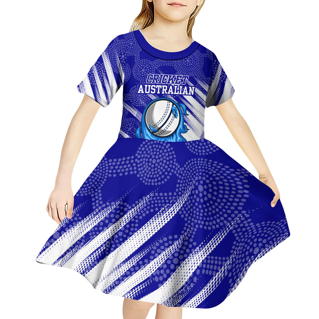 Cricket Australian Kid Short Sleeve Dress Blue Fire Ball Graphic With Aboriginal Dot Art Style