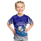 Cricket Australian Kid T Shirt Blue Fire Ball Graphic With Aboriginal Dot Art Style