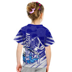 Cricket Australian Kid T Shirt Blue Fire Ball Graphic With Aboriginal Dot Art Style