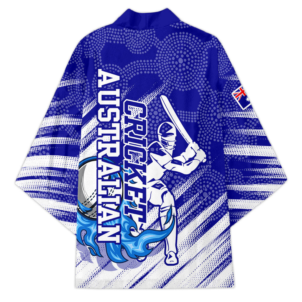 Cricket Australian Kimono Blue Fire Ball Graphic With Aboriginal Dot Art Style