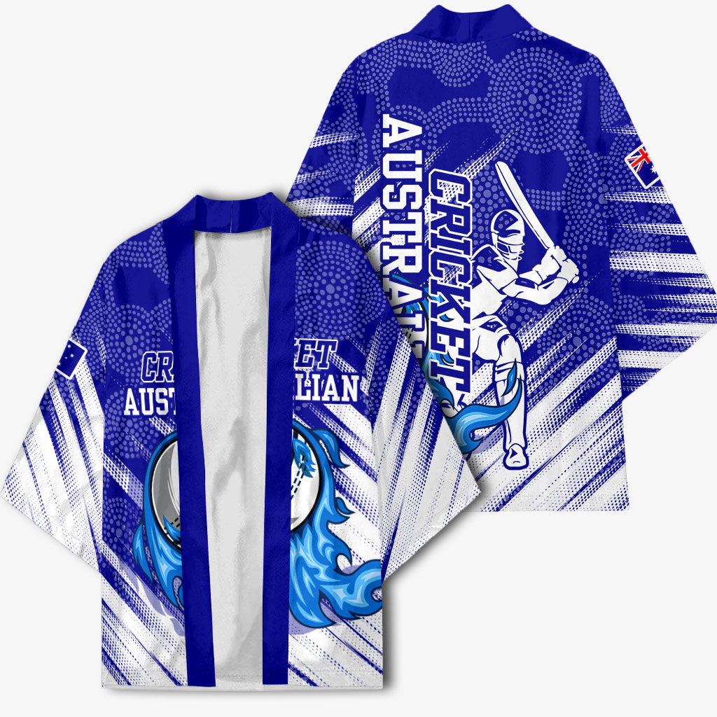 Cricket Australian Kimono Blue Fire Ball Graphic With Aboriginal Dot Art Style