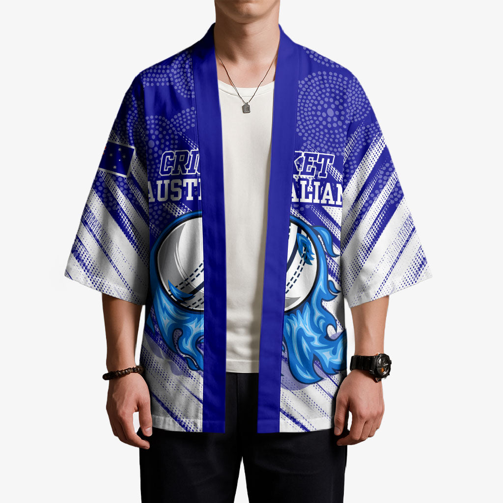 Cricket Australian Kimono Blue Fire Ball Graphic With Aboriginal Dot Art Style