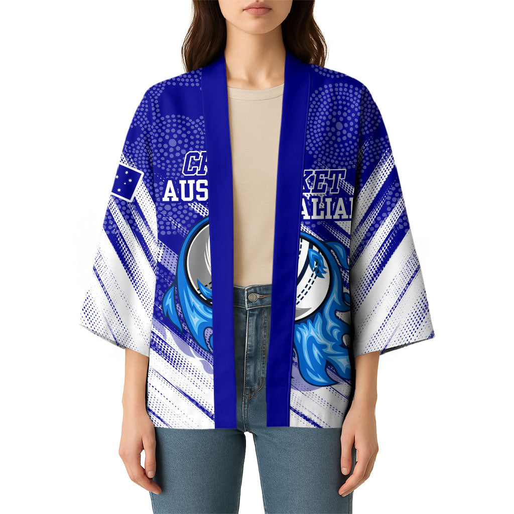 Cricket Australian Kimono Blue Fire Ball Graphic With Aboriginal Dot Art Style