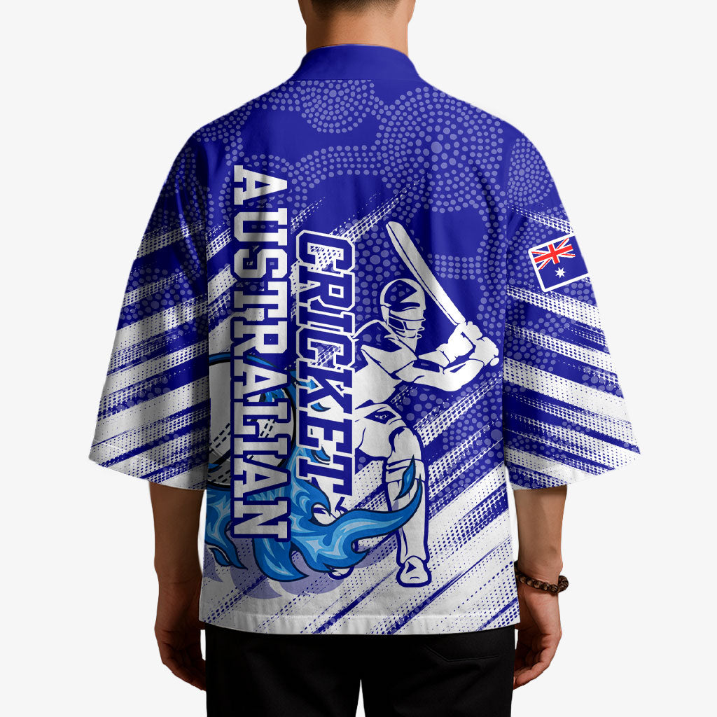 Cricket Australian Kimono Blue Fire Ball Graphic With Aboriginal Dot Art Style
