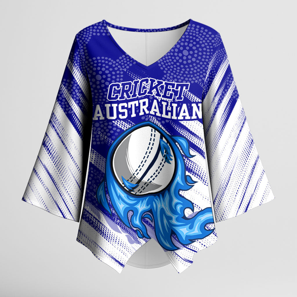 Cricket Australian Kimono Sleeve Blouse Blue Fire Ball Graphic With Aboriginal Dot Art Style