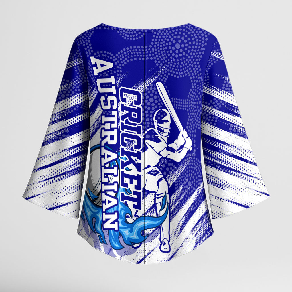 Cricket Australian Kimono Sleeve Blouse Blue Fire Ball Graphic With Aboriginal Dot Art Style