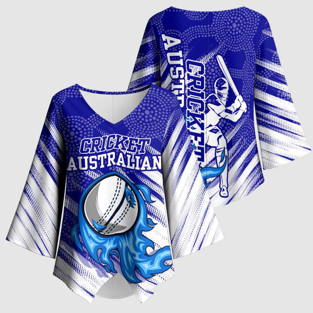 Cricket Australian Kimono Sleeve Blouse Blue Fire Ball Graphic With Aboriginal Dot Art Style