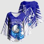 Cricket Australian Kimono Sleeve Blouse Blue Fire Ball Graphic With Aboriginal Dot Art Style