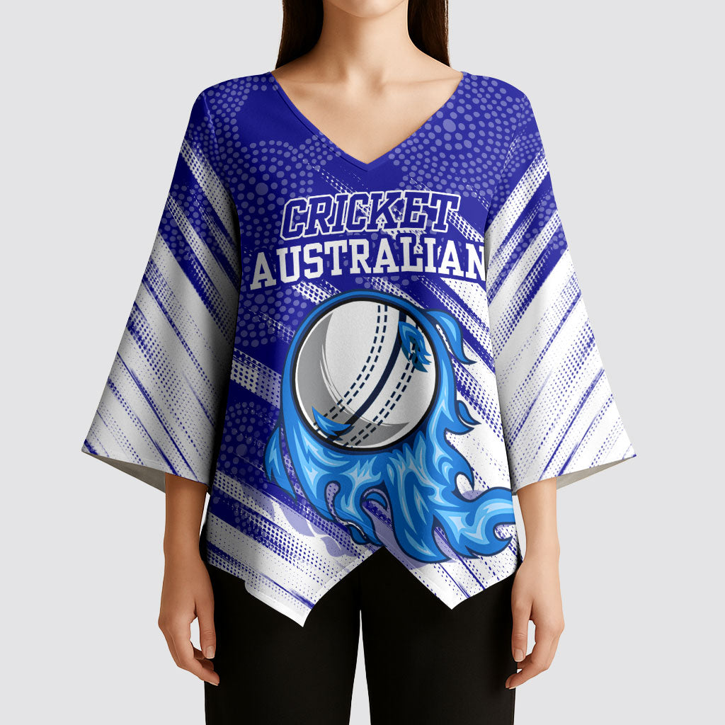 Cricket Australian Kimono Sleeve Blouse Blue Fire Ball Graphic With Aboriginal Dot Art Style
