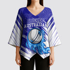Cricket Australian Kimono Sleeve Blouse Blue Fire Ball Graphic With Aboriginal Dot Art Style
