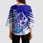 Cricket Australian Kimono Sleeve Blouse Blue Fire Ball Graphic With Aboriginal Dot Art Style