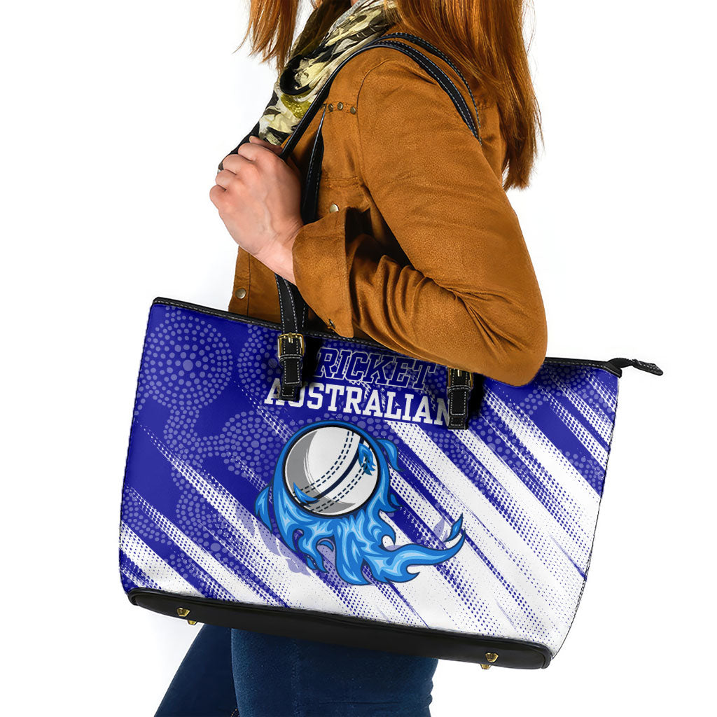 Cricket Australian Leather Tote Bag Blue Fire Ball Graphic With Aboriginal Dot Art Style