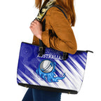Cricket Australian Leather Tote Bag Blue Fire Ball Graphic With Aboriginal Dot Art Style