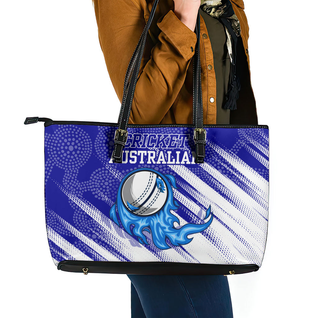 Cricket Australian Leather Tote Bag Blue Fire Ball Graphic With Aboriginal Dot Art Style