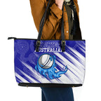 Cricket Australian Leather Tote Bag Blue Fire Ball Graphic With Aboriginal Dot Art Style