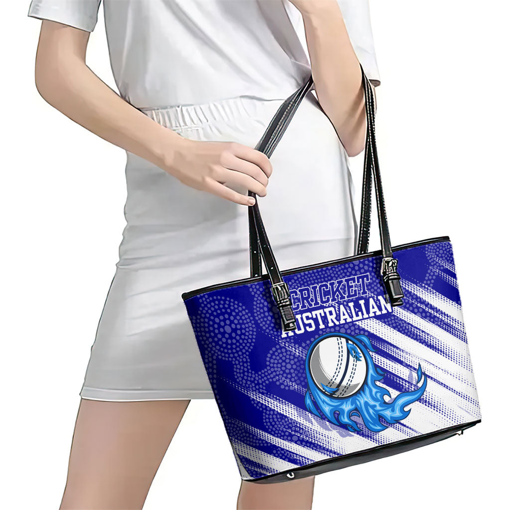 Cricket Australian Leather Tote Bag Blue Fire Ball Graphic With Aboriginal Dot Art Style